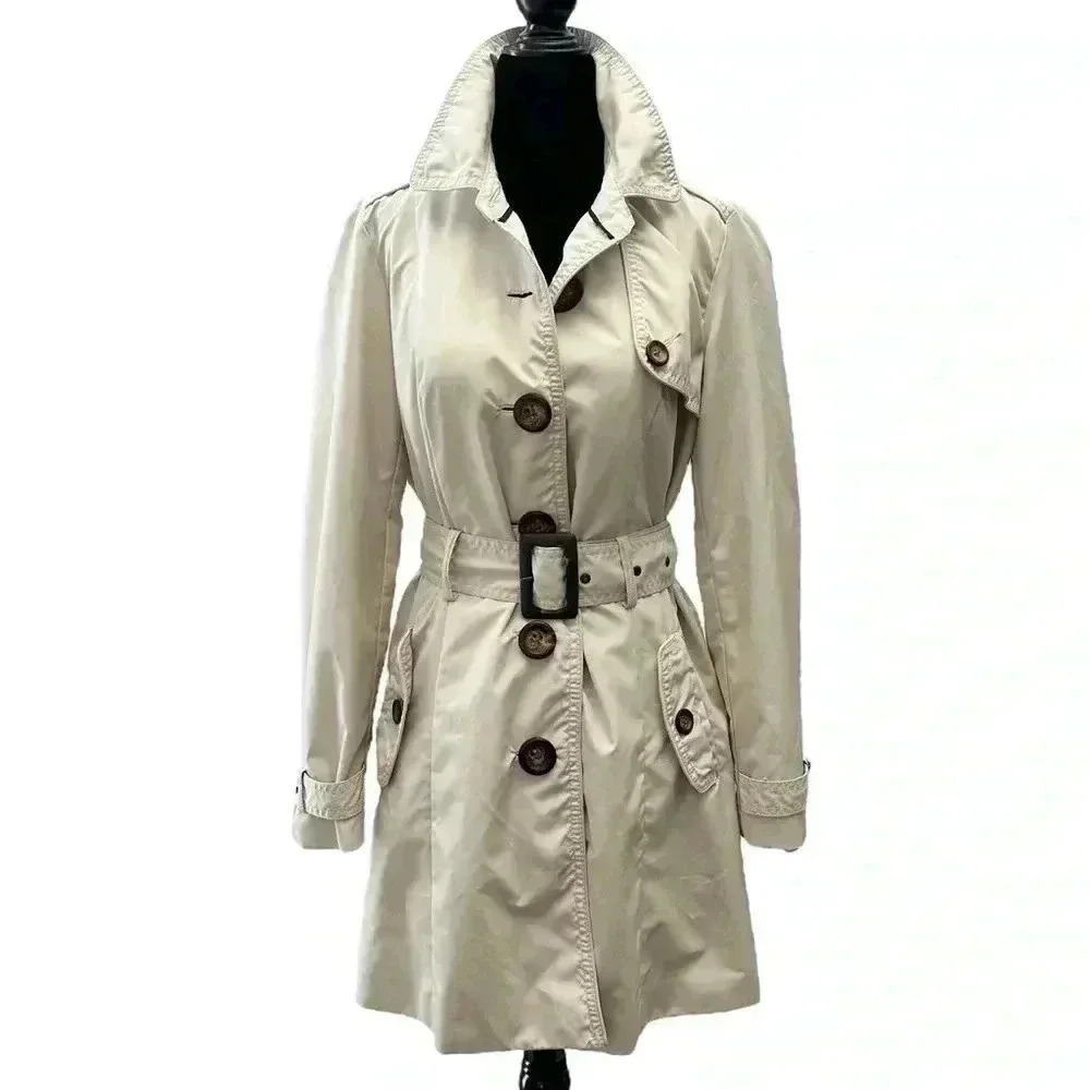 Tommy Hilfiger Trench Coat Jacket Light Beige Tan  Neutral Belted Size Small